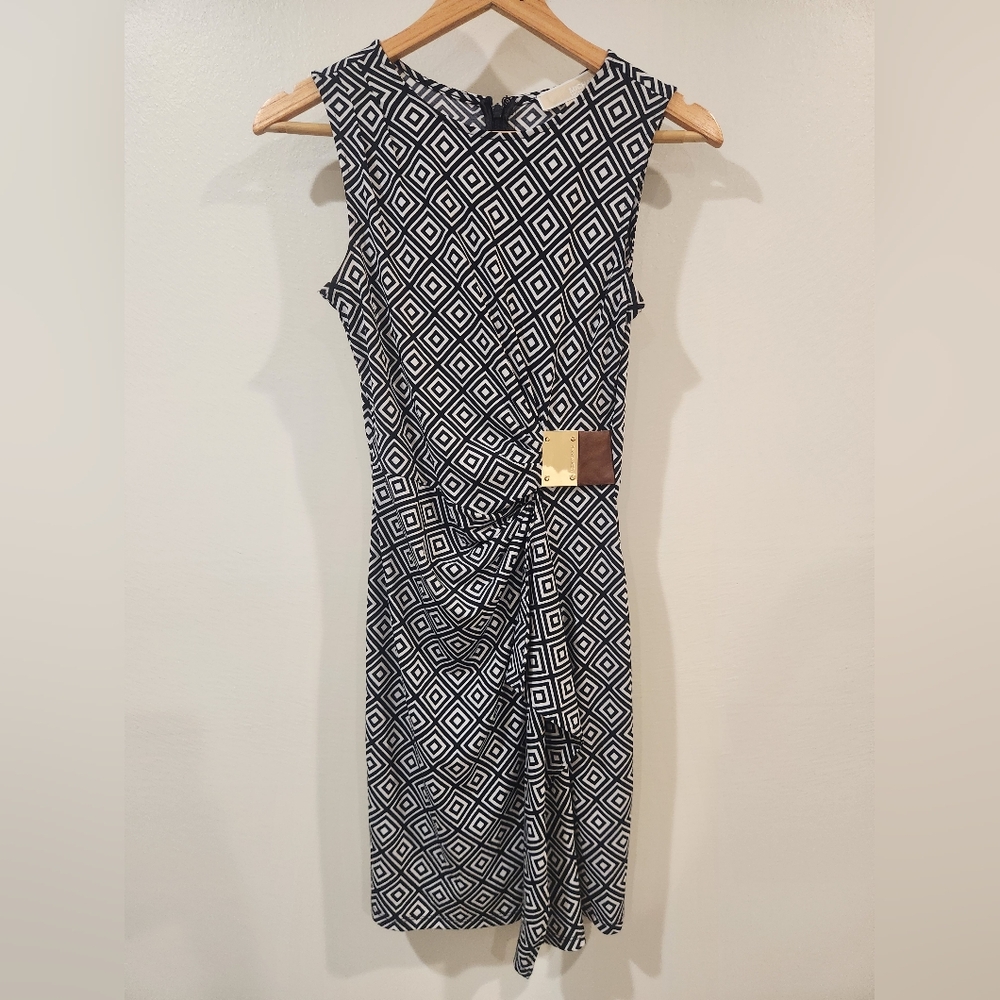 Michael Kors Geometric Navy and White Midi Dress